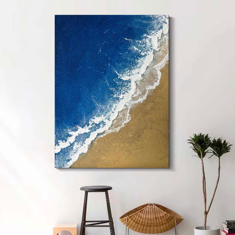  3D Minimalist Textured Ocean Painting Acrylic Framed Blue Beach Painting