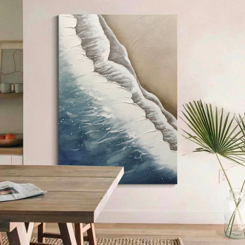 3D Minimalist Textured Ocean Acrylic Painting Abstract Blue Beach Painting