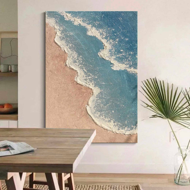 Blue Ocean Minimalist Painting 3d Textured Painting On Canvas Blue And Brown Beach Wave Paintings