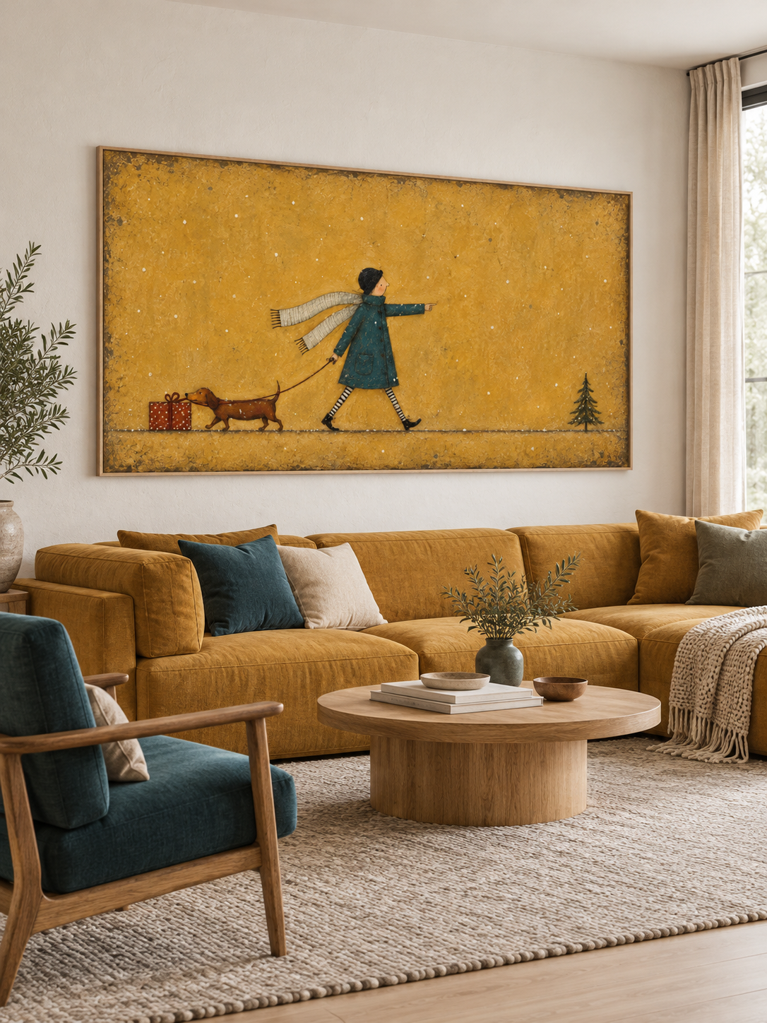 Hand Painted Dog Walk Wall Art Minimalist Playful Christmas Canvas Artwork Painting