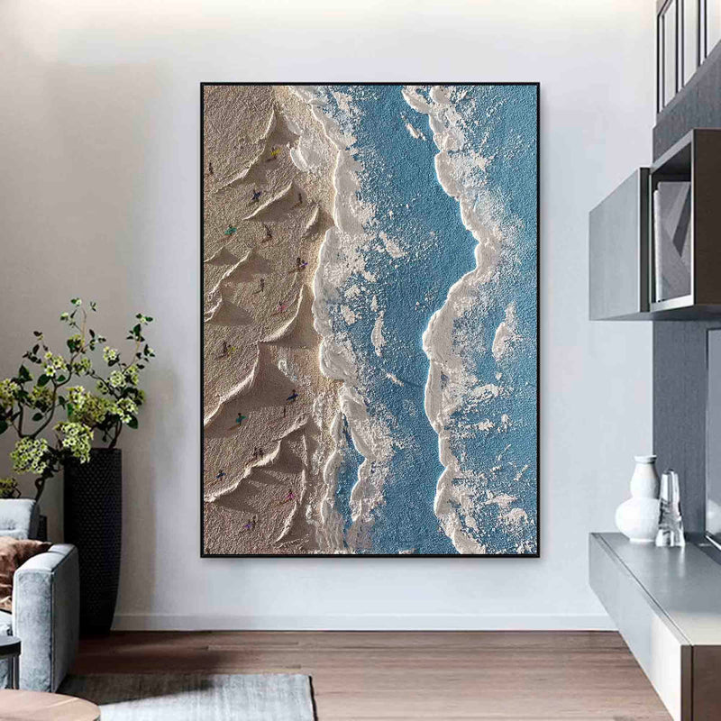 Abstract Coastal 3d Textured Painting Minimalist Light Blue Ocean Art