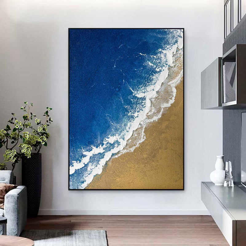  3D Minimalist Textured Ocean Painting Acrylic Framed Blue Beach Painting