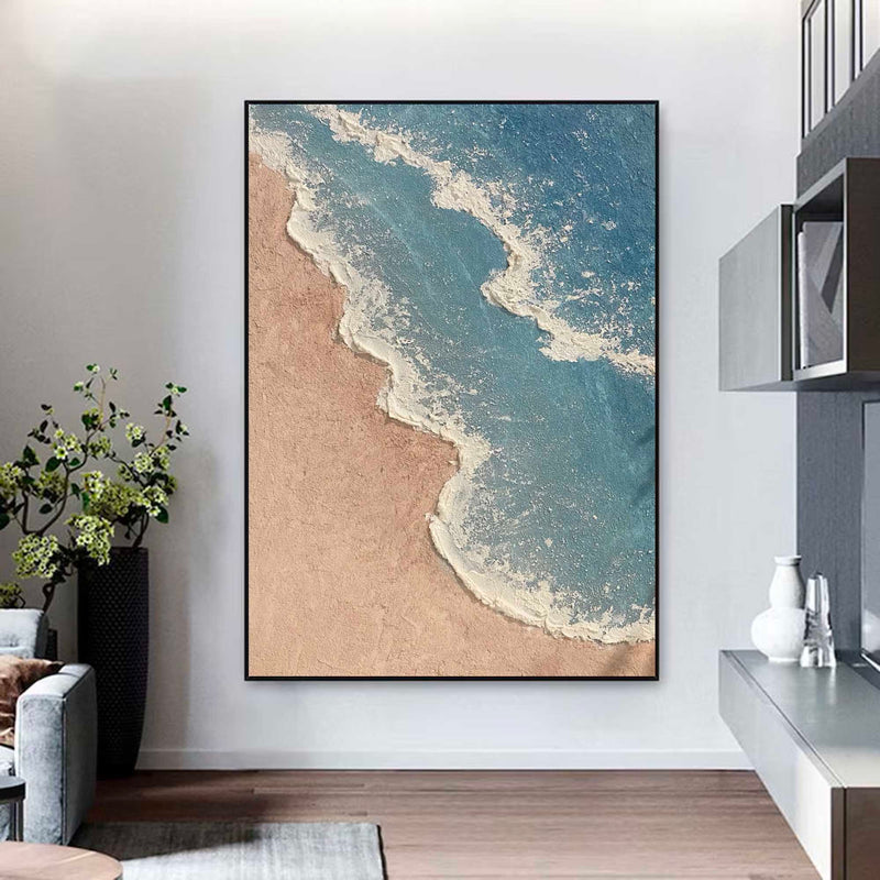 Blue Ocean Minimalist Painting 3d Textured Painting On Canvas Blue And Brown Beach Wave Paintings