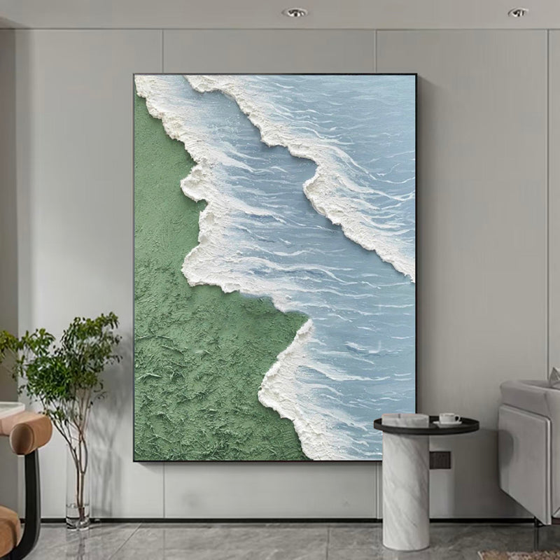 Minimalist Green Coastal Wall Art 3D Texture Abstract Beach Canvas Art