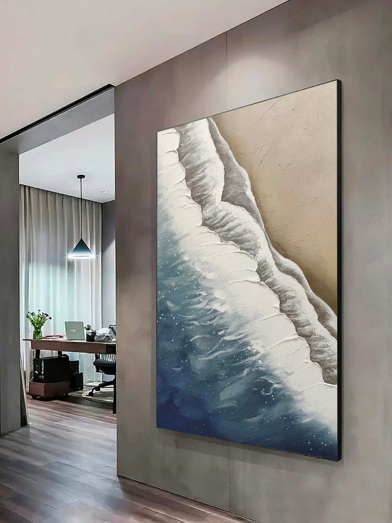 3D Minimalist Textured Ocean Acrylic Painting Abstract Blue Beach Painting