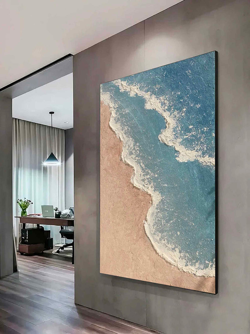 Blue Ocean Minimalist Painting 3d Textured Painting On Canvas Blue And Brown Beach Wave Paintings