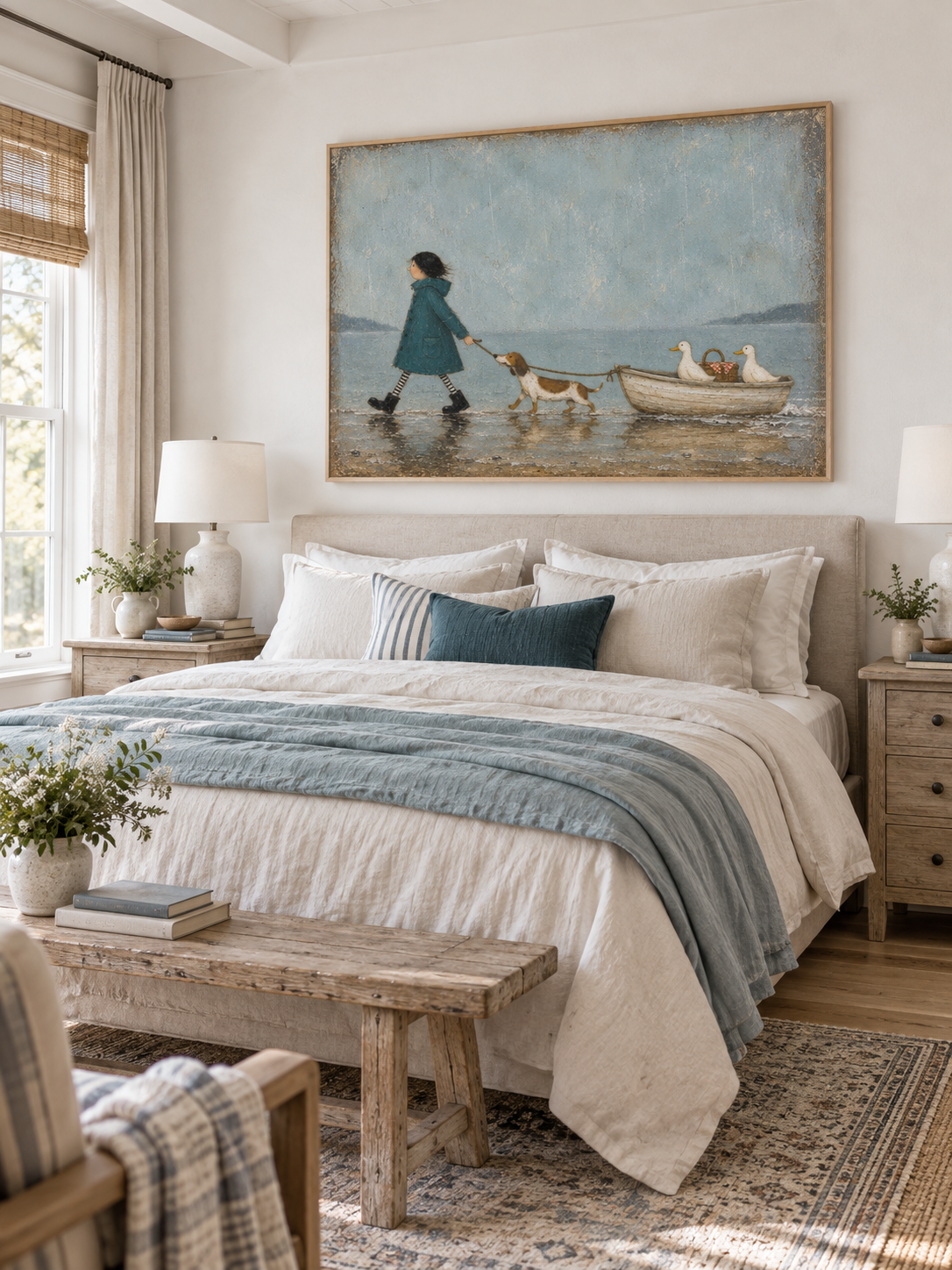 Whimsical Rainy Day Canvas Art With Girl Dog And Ducks For Kids Room Decor