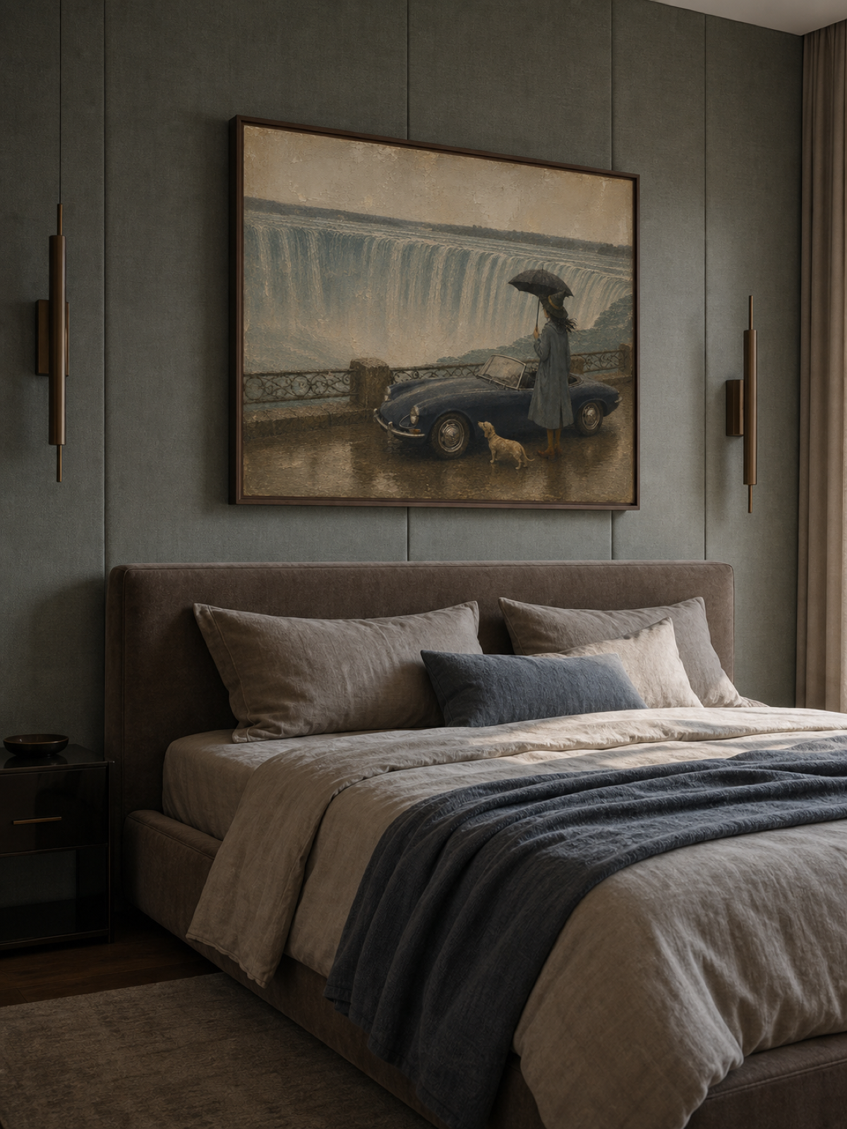 Surreal Landscape Oil Painting Featuring Retro Convertible And Waterfall View