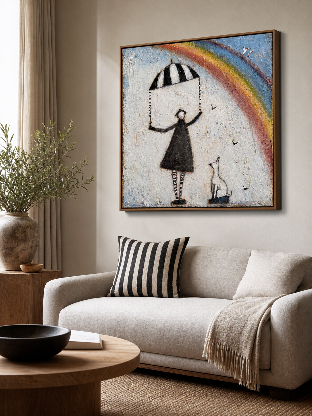 Original Vintage Canvas Art With Striped Umbrella And Dog For Creative Living Rooms