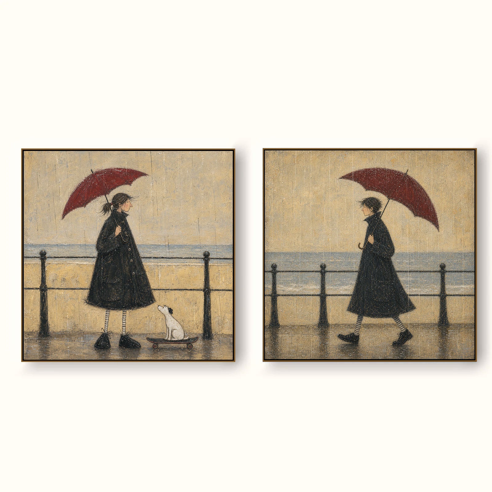 Vintage Seaside Couple Diptych With Red Umbrellas Hand Painted Oil Painting For Bedroom