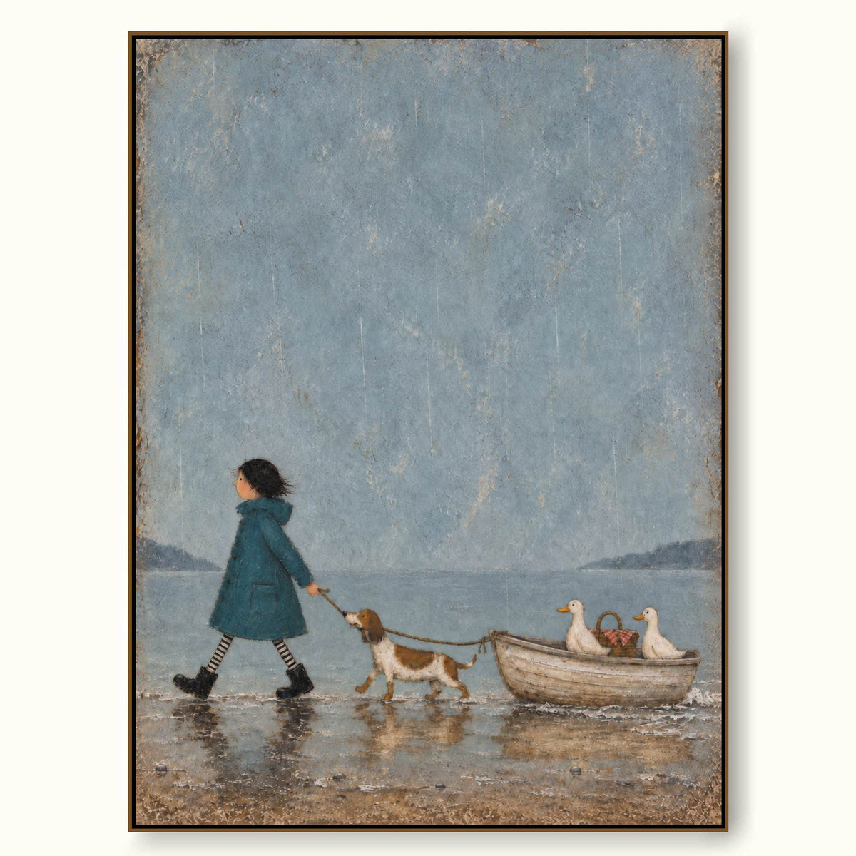 Whimsical Hand Painted Art Of A Child And Dog On A Coastal Adventure For Room Decor