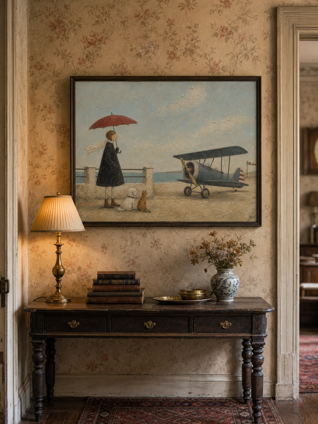 Whimsical Vintage Airplane Painting With Dog And Cat For Coastal Home Decor Art
