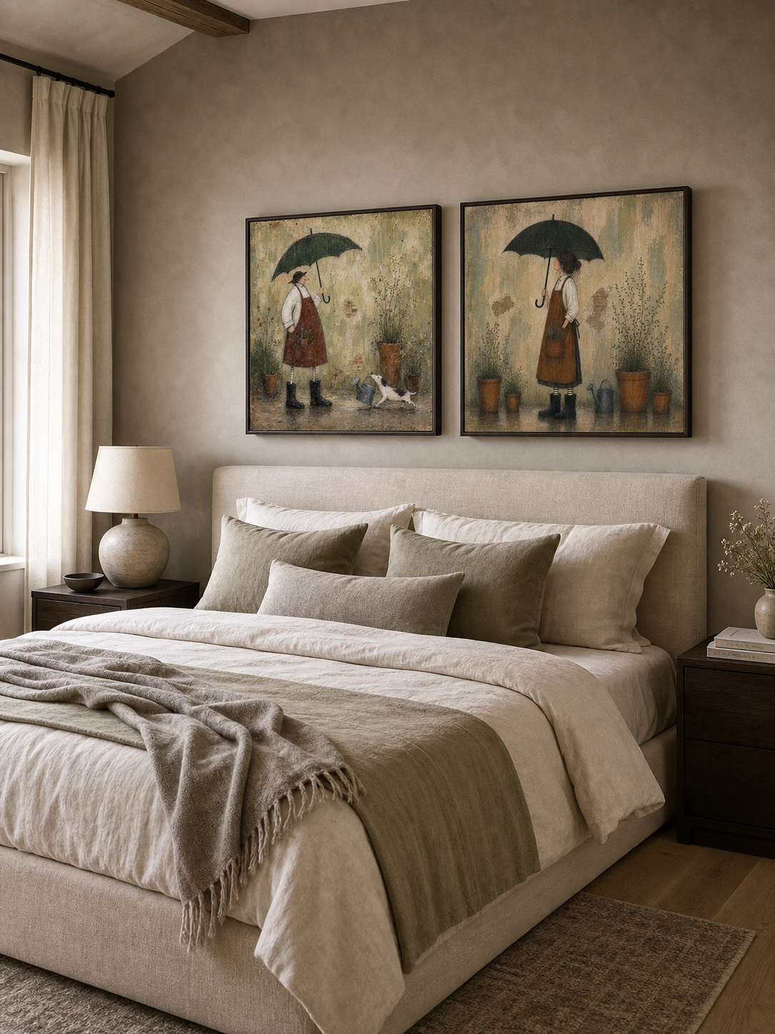 English Garden Diptych Wall Art Square Framed Oil Painting Set For Rustic Living Room Design