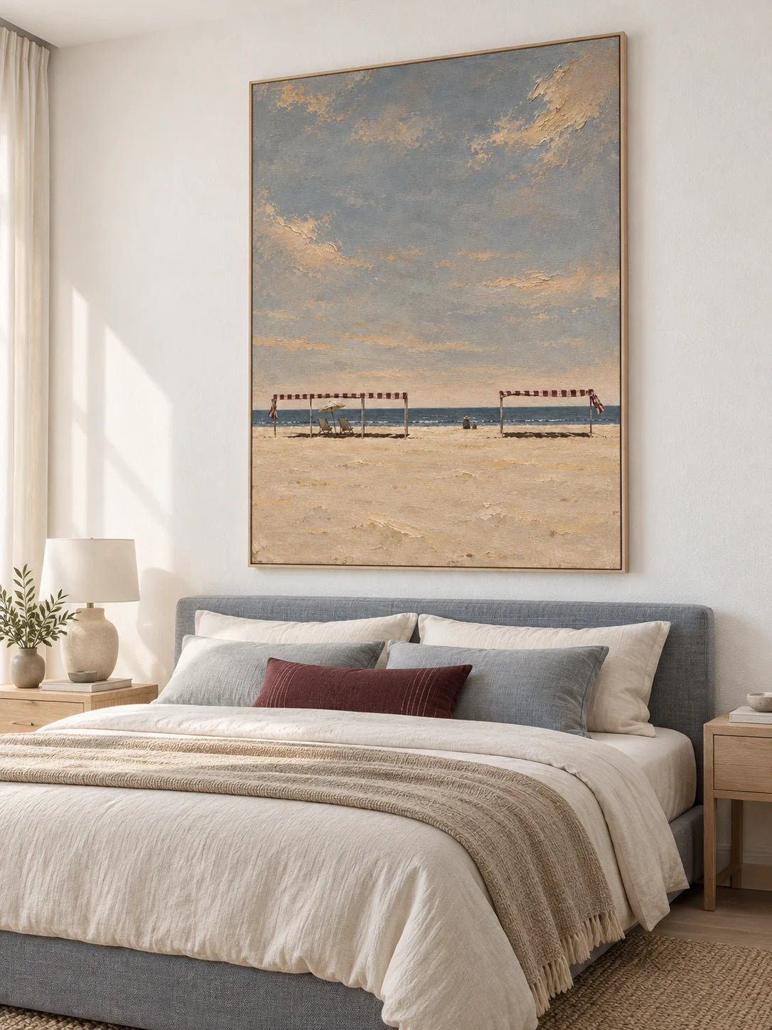 Serene Minimalist Beach Canvas Art In Blue And Beige For Bedroom Decor