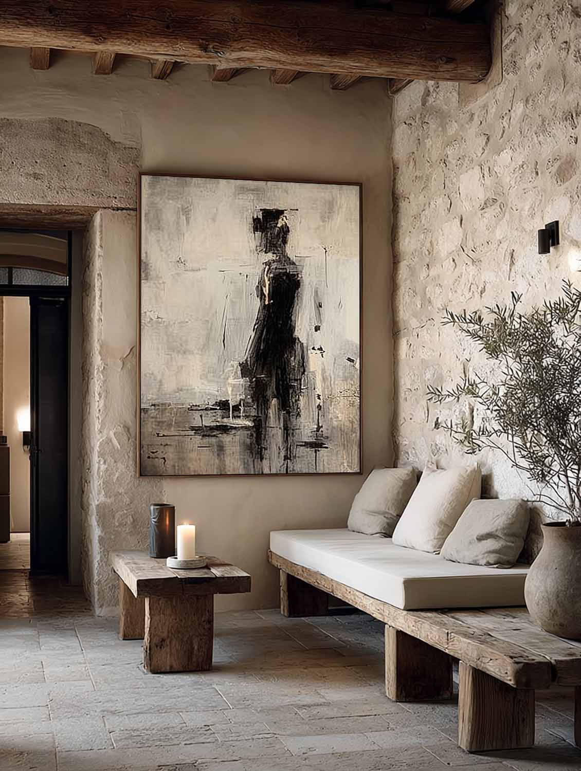 Black Abstract Wabi Sabi Character Painting Beige And Black Figurative Canvas Painting Neutral Minimalist Figure Wall Art