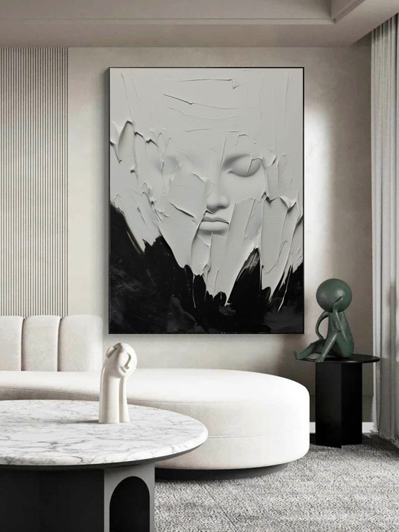 Minimalist Black And White Face Texture Painting Black And White Wabi-Sabi Wall Art