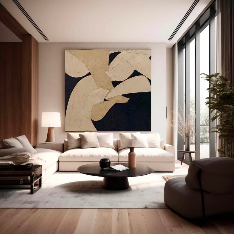  Neutral Beige & Black Painting On Canvas Large Minimalist Beige Canvas Painting