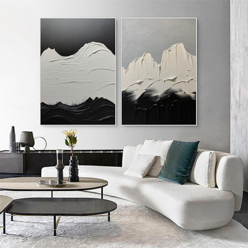 Set Of 2 Minimalist Canvas Painting White And Black Minimalist Acrylic Painting Black and White Abstract Art