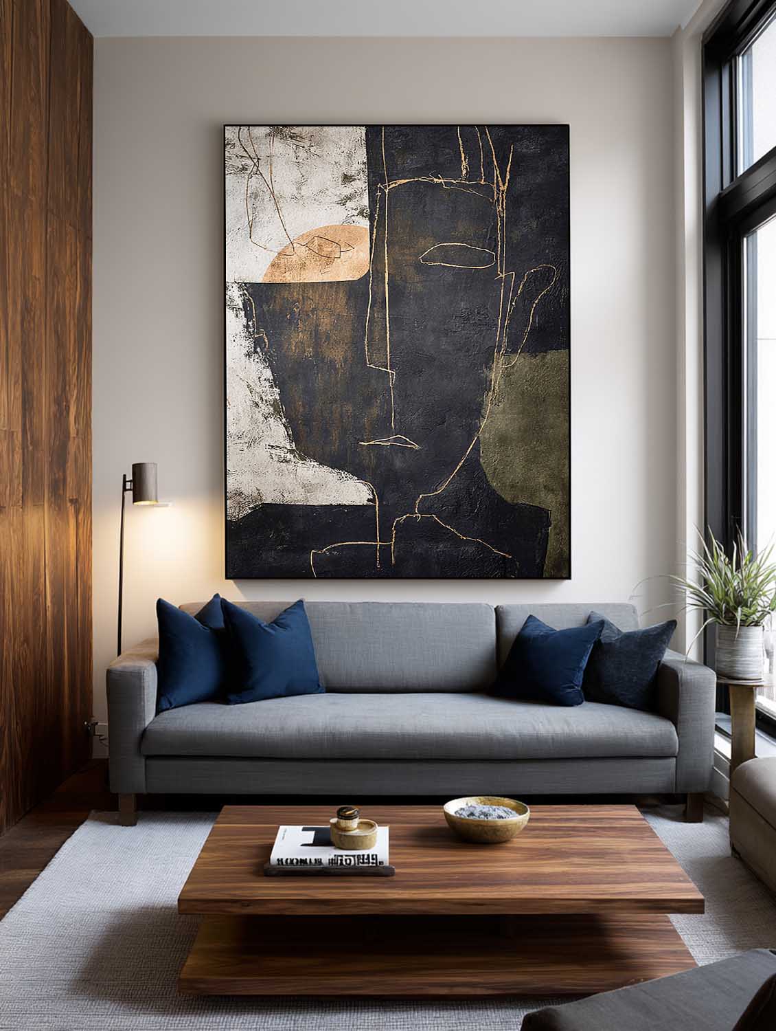 Handmade Black Beige Abstract Portrait Painting Large Black Abstract Face Oil Painting Original Minimalist Line Artwork