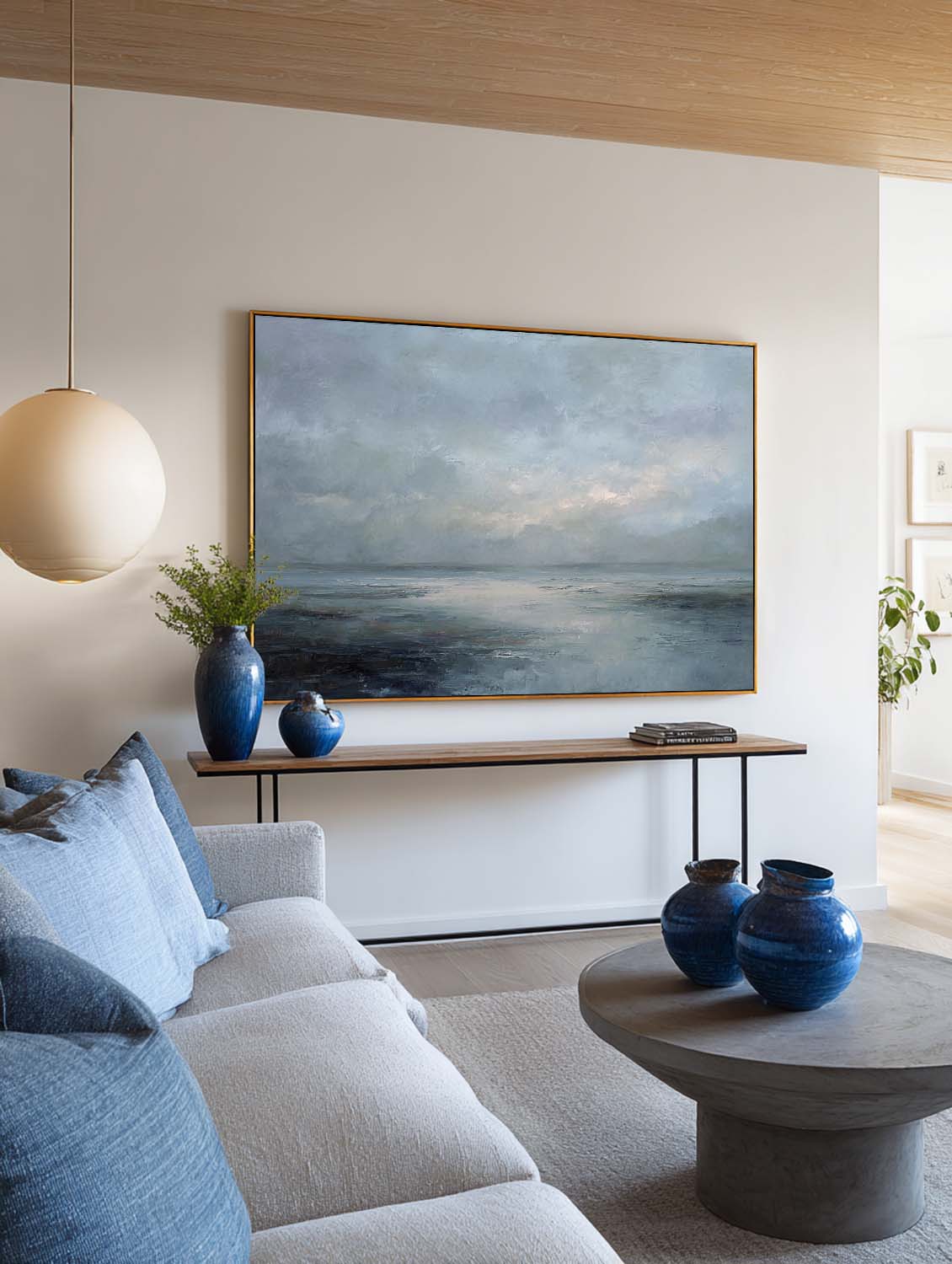Large Blue And Gray Beach Oil Painting Minimalist Coastal Wall Art Neutral Blue Seascape Painting Handmade Minimalist Beach Scene Art