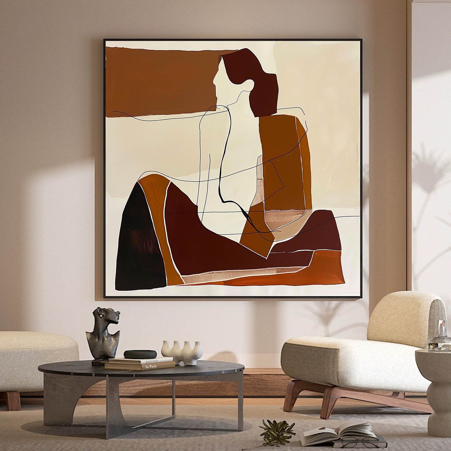 Vintage Minimalist Art Vintage Human Art Large Beige And Brown Abstract Lady Painting Original Woman Face