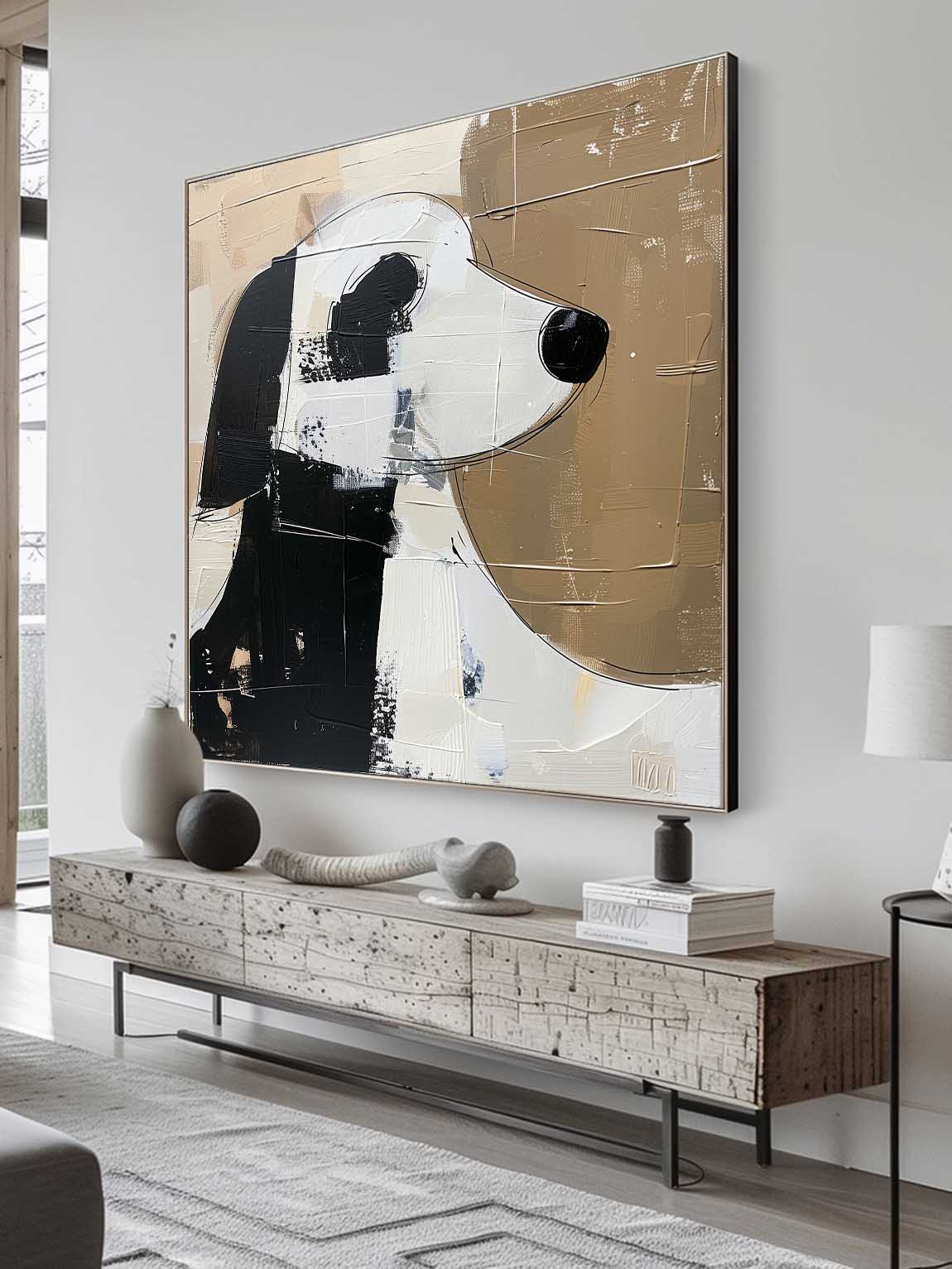 Vintage White And Black Dog Canvas Art Large Retro Minimalist Abstract Art Large Canvas Artwork