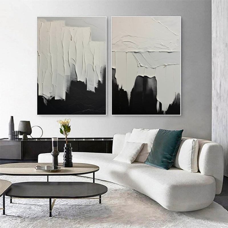 Minimalist White And Black Painting Large Black Wall Art Set of 2 White And Black Textured Wall Art