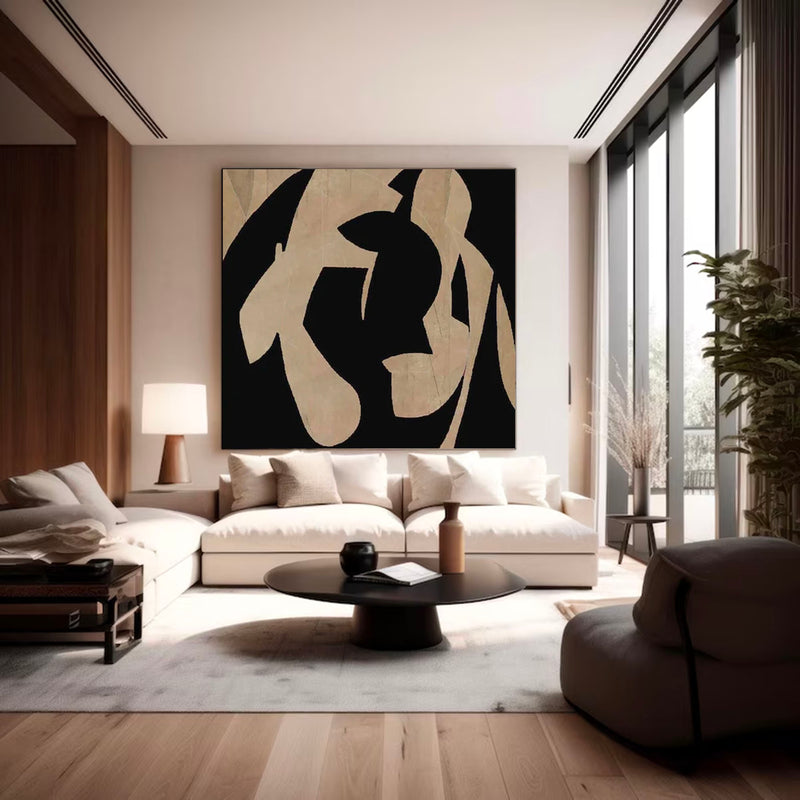 Neutral Beige & Black Painting On Canvas 3D Minimalist Textured Beige Painting