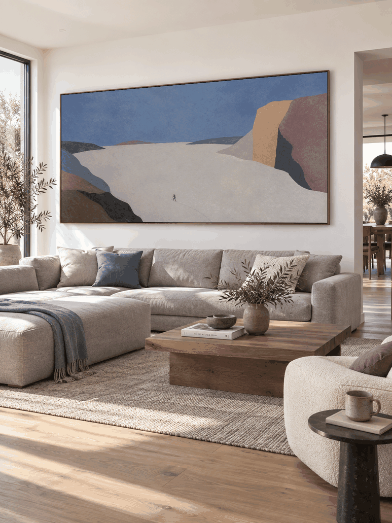 Minimalist Snow Valley Canvas Art With Lone Traveler For Modern Office Decor