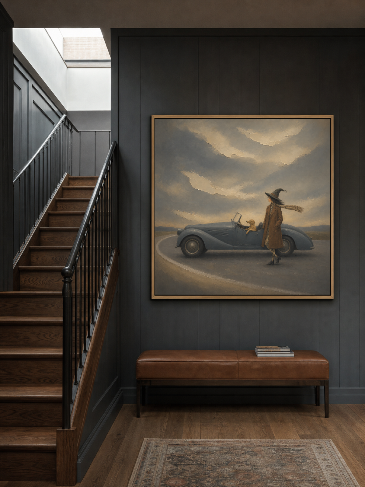 Dreamy Witch Travel Painting With Vintage Car And Dog In Surreal Landscape Art