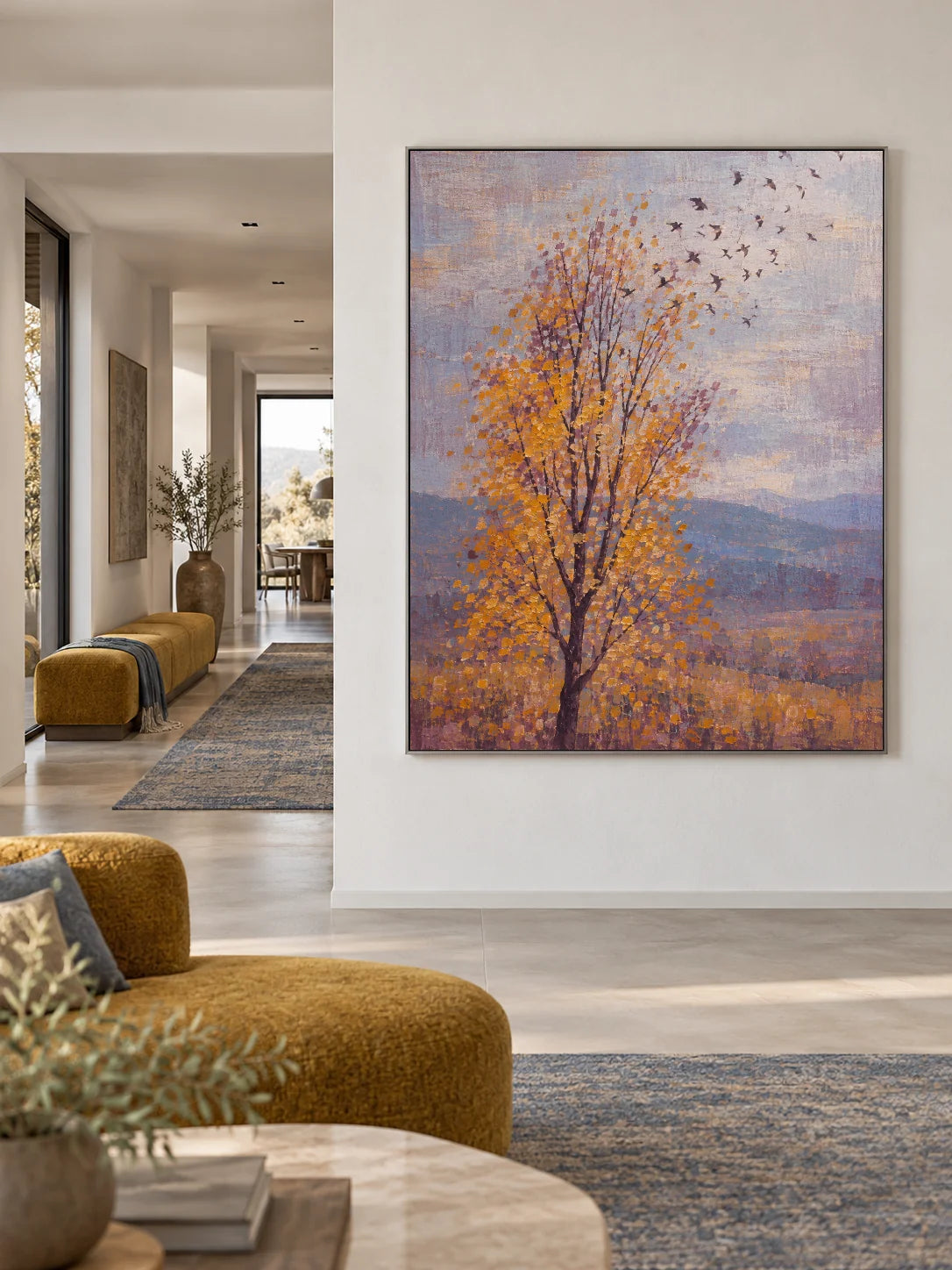 Hand-Painted Golden Tree And Birds Canvas Wall Art For Living Room