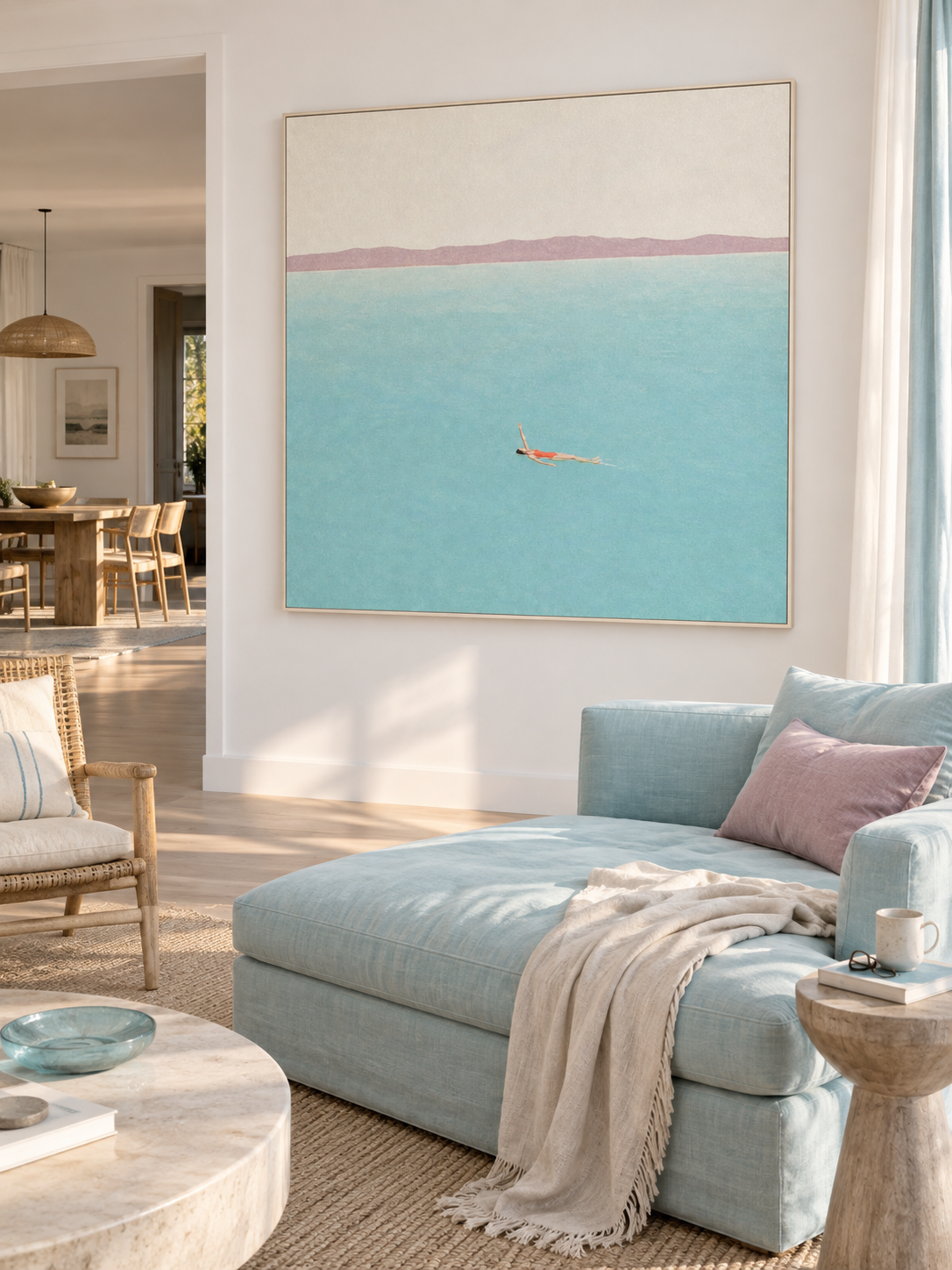 Woman Backstroke Swimming Across Turquoise Open Water Hand Painted Wall Art