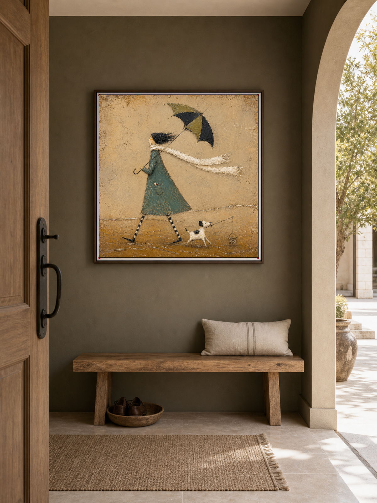 Original Hand Painted Umbrella Dog Fishing Painting Whimsical Storybook Wall Art