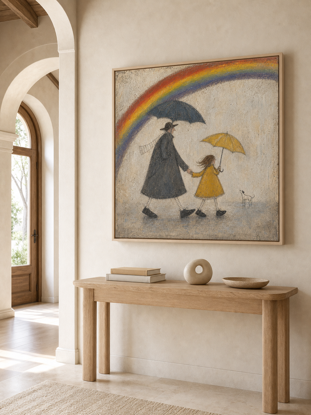 Original Handmade Painting Father And Daughter In Rain Minimalist Wall Art