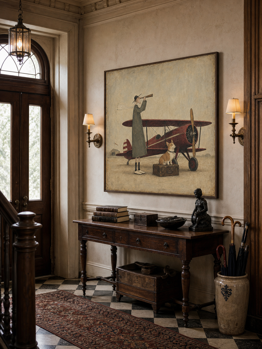 Vintage Airplane And Dog Painting For Travel Lovers Home Decor Art