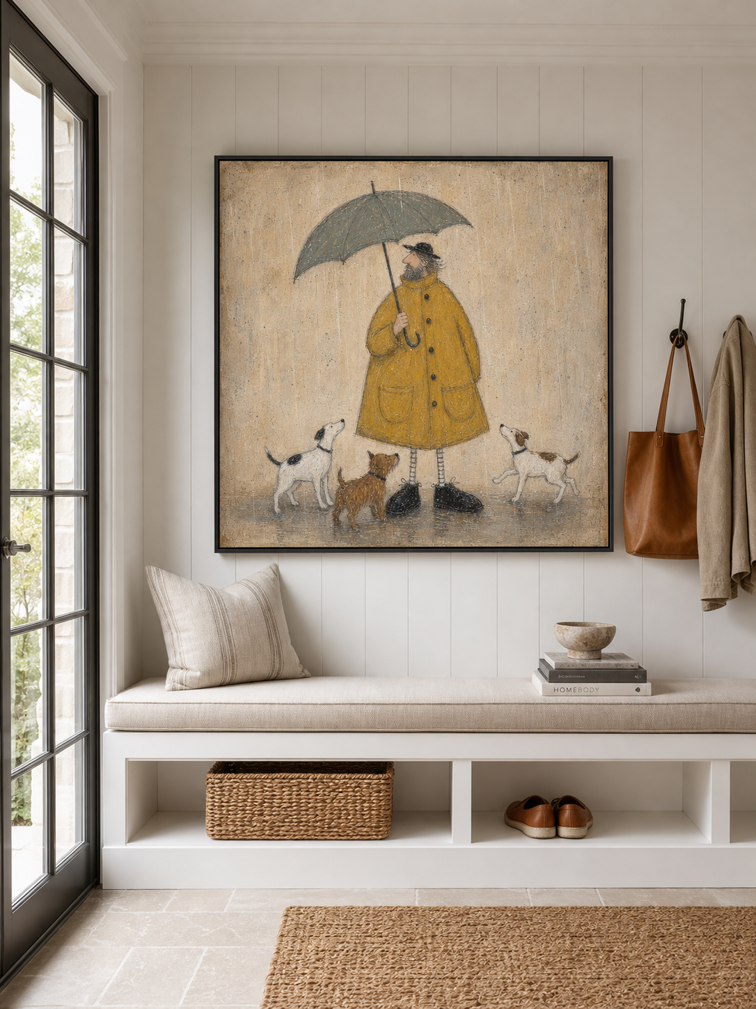 Whimsical Man With Dogs Under Umbrella Vintage Oil Painting For Cozy Home Decor