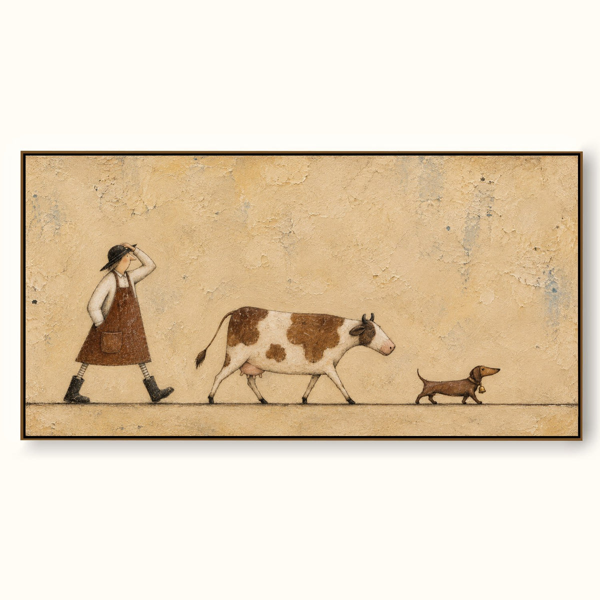 Minimalist Cow And Dachshund Painting Whimsical Rural Life Canvas Wall Art Artwork