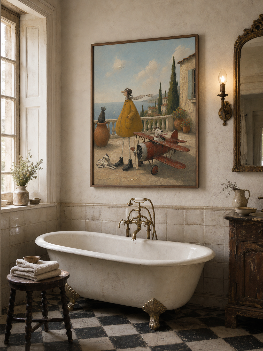 Original Handmade Large Mediterranean Coastal Airplane Pet Oil Painting