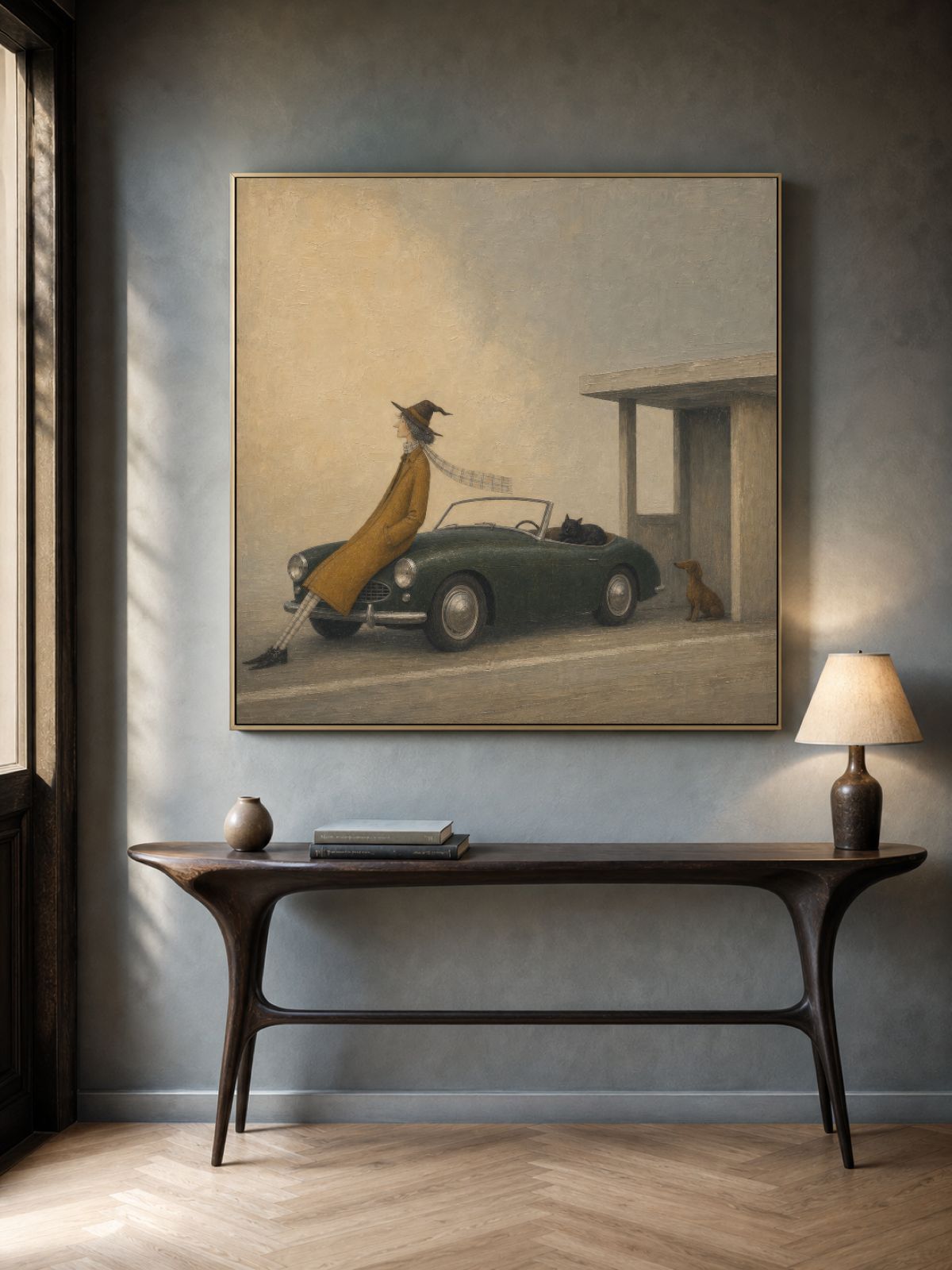 Vintage Car Painting With Woman And Pets Nostalgic Square Art For Home Decor