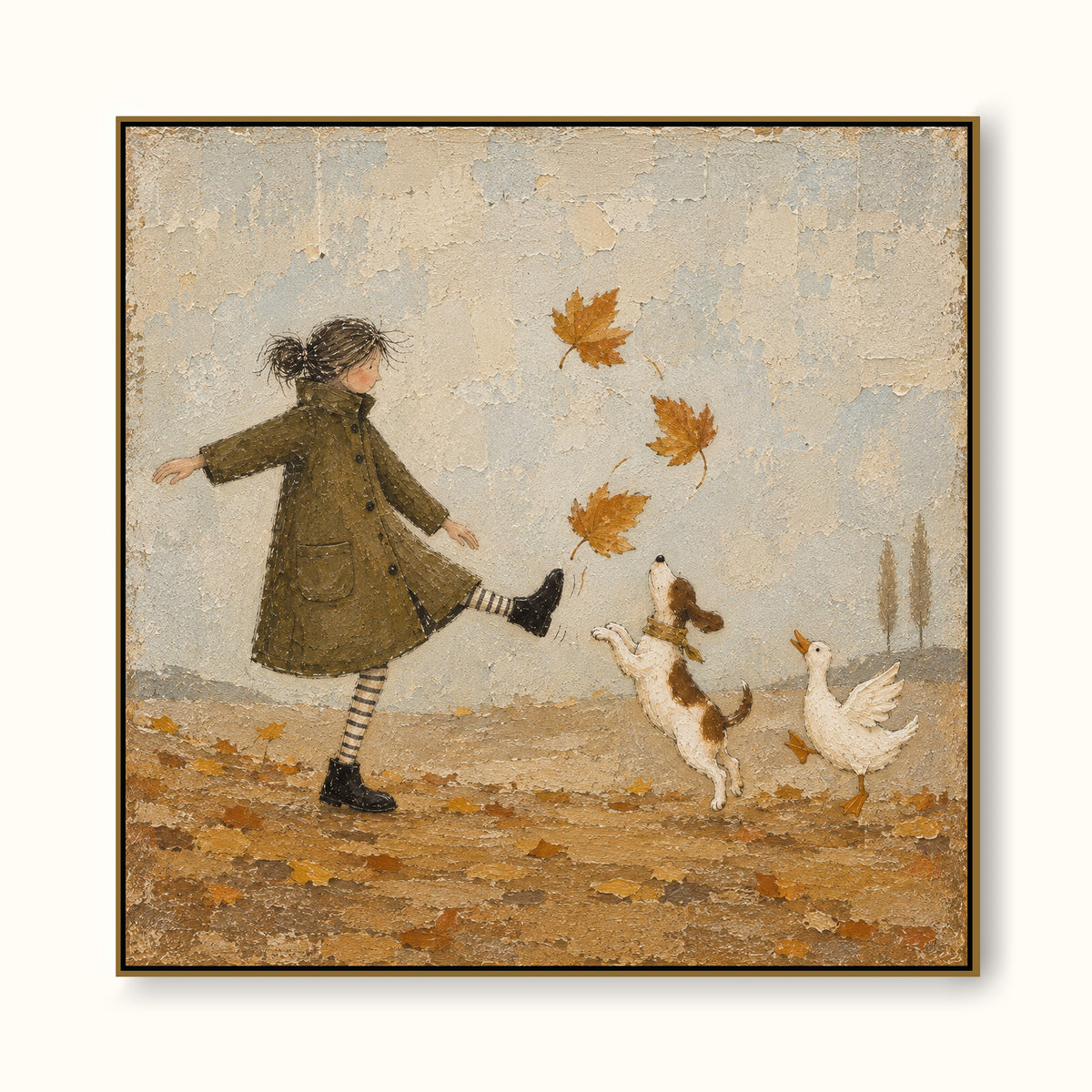Autumn Leaf Dance Canvas Art With Dog And Duck For Cozy Living Room Decor