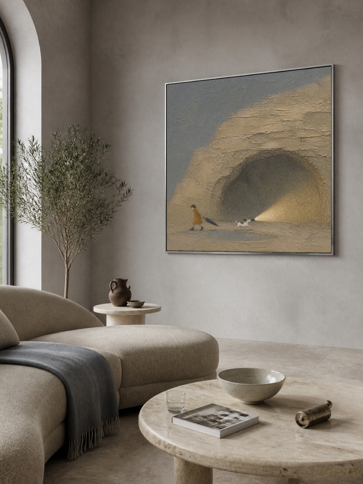 Textured Coastal Travel Art With Surreal Cave Scene In Beige And Grey Tones For Living Room