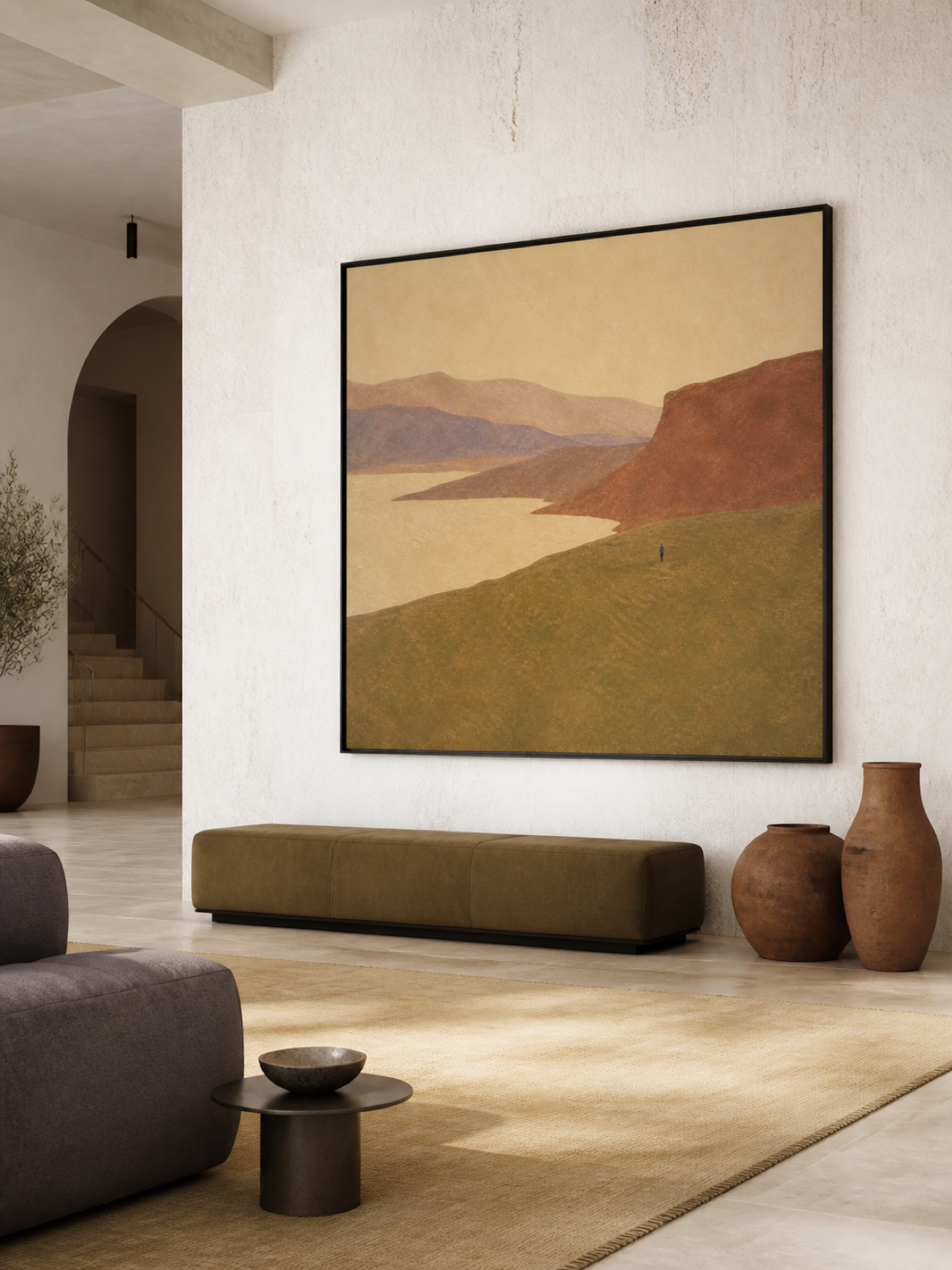 Solitary Figure Mountain Valley Hand-Painted Canvas Art In Earth Tones