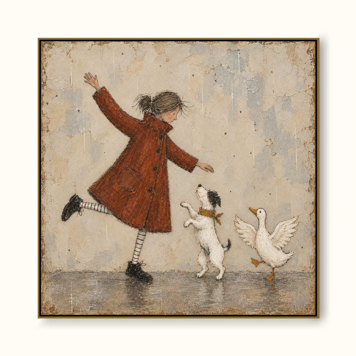 Hand-Painted Dancing Girl Canvas Art With Dog And Duck For Kids Room Decor