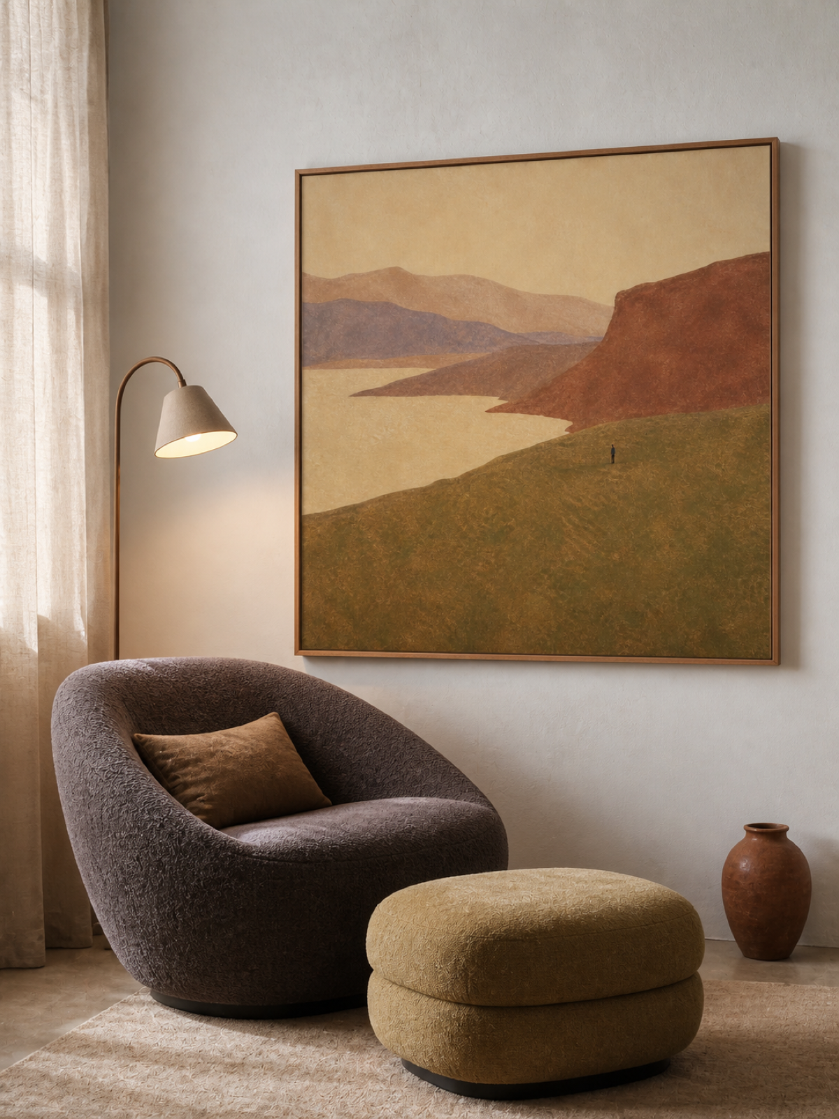 Solitary Figure Mountain Valley Hand-Painted Canvas Art In Earth Tones
