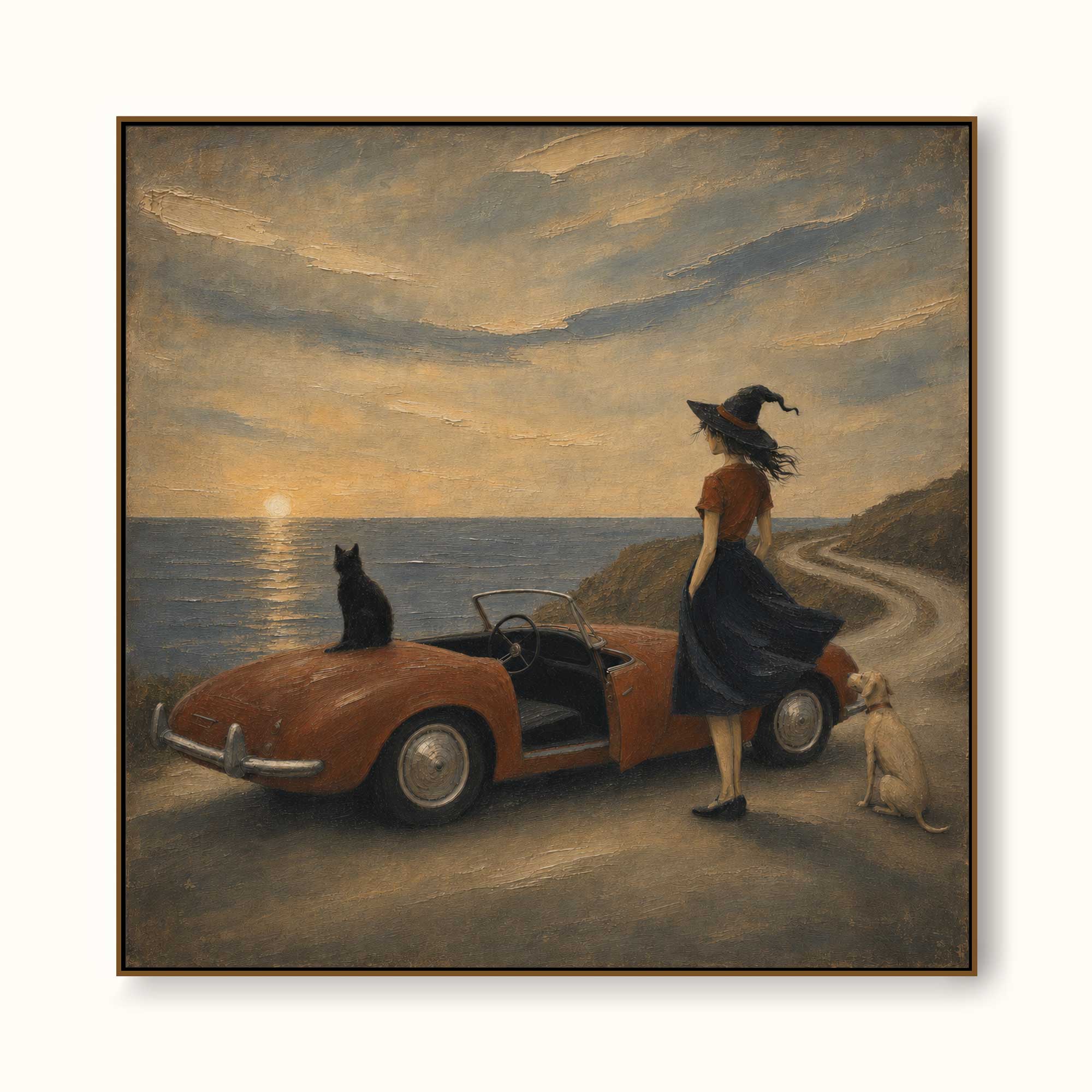 Large Vintage Coastal Wall Art Surrealist Oil Painting Whimsical Witch