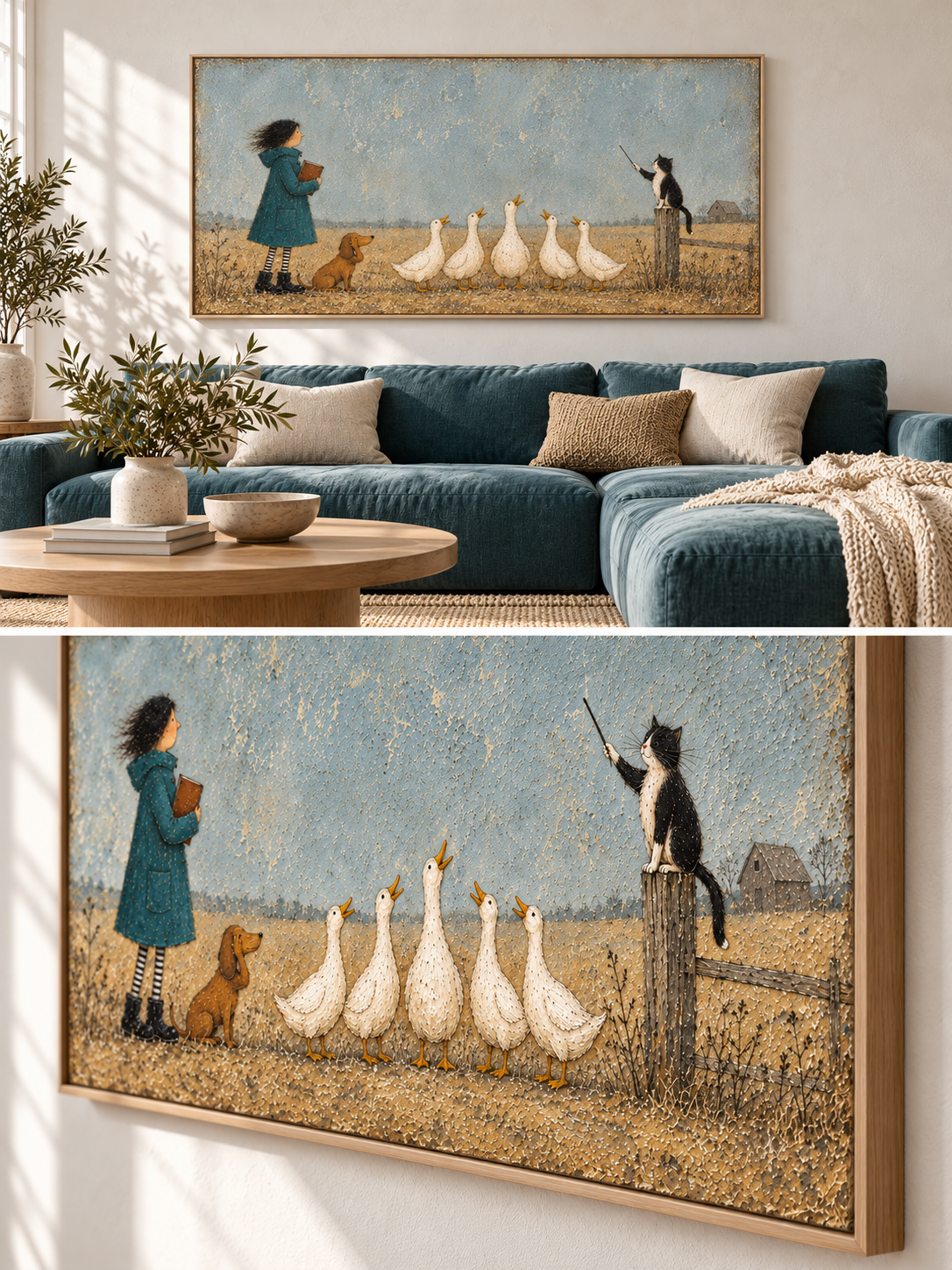 Whimsical Cat And Duck Farm Animal Canvas Painting Hand Painted Wall Art
