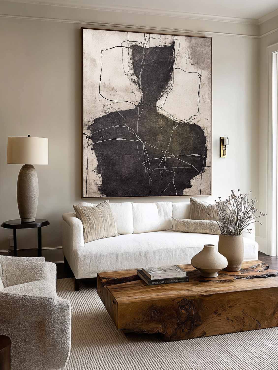 Original Black Abstract Figure Painting Black And Beige Minimalist Canvas Art Black And Beige Figure Oil Painting