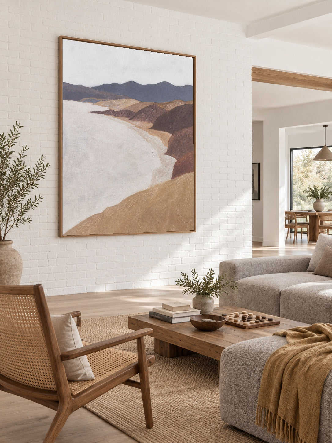 Minimalist Beach Landscape Hand-Painted Canvas Art With Solitary Figure In Earth Tones