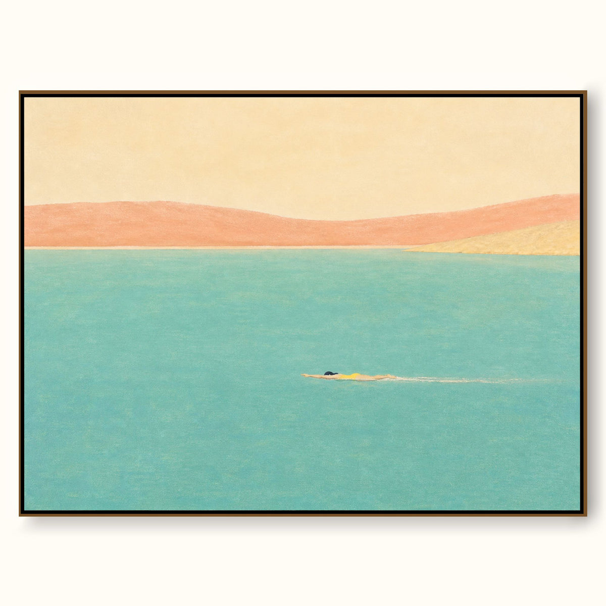 Minimalist Open Water Canvas Art With Lone Swimmer And Warm Coastal Horizon