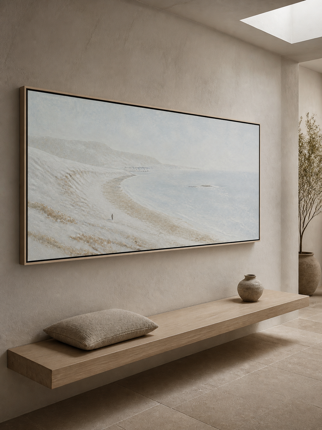 Abstract Coastal Seascape Hand-Painted Canvas Art In Beige And Grey